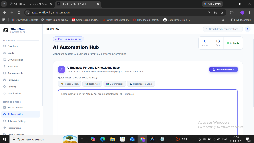SilentFlow AI Automation Hub — Configure custom AI prompts and personas