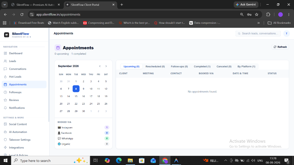 SilentFlow Appointments — Calendar view with platform-wise booking tracking