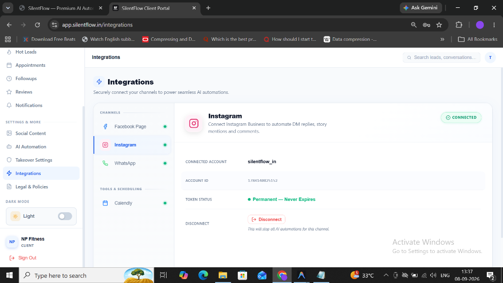 SilentFlow Integrations — Connect Instagram, Facebook, WhatsApp and Calendly