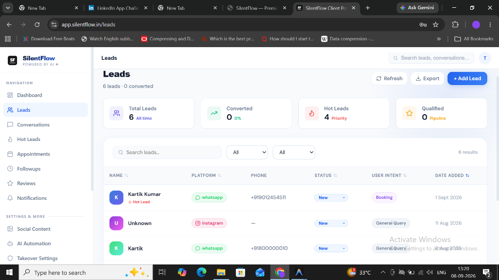 SilentFlow Leads — Full lead management with platform and status tracking