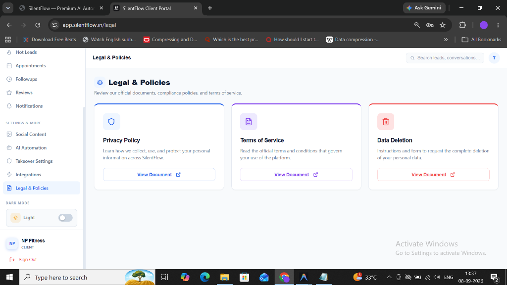 SilentFlow Legal & Policies — Privacy Policy, Terms of Service and Data Deletion