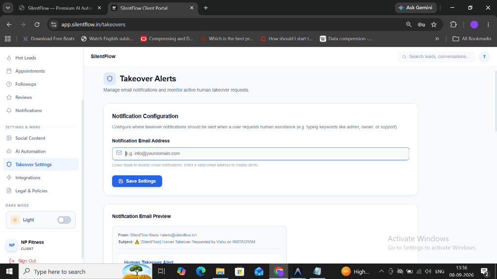SilentFlow Takeover Alerts — Human handoff notifications and email alert configuration